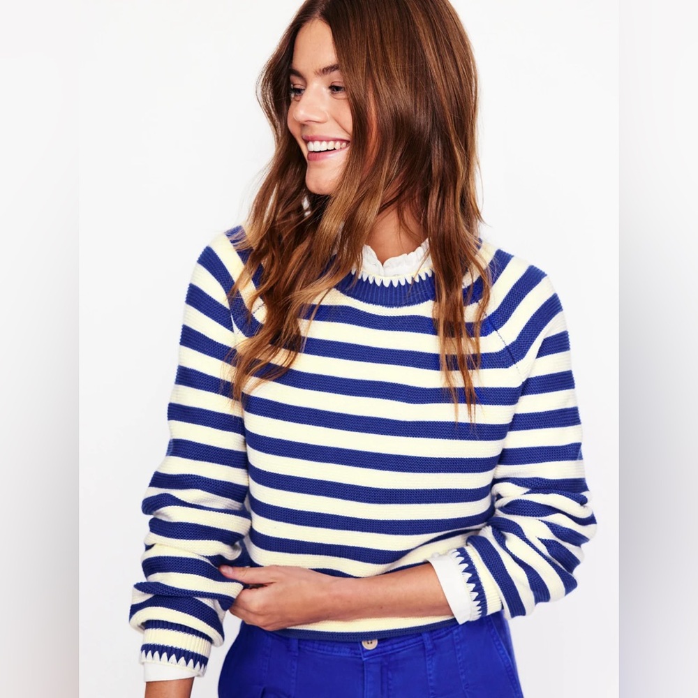 Boden Women’s Lena Stitch Detail Jumper Knit Sweater – Blue & White – XL – NWT